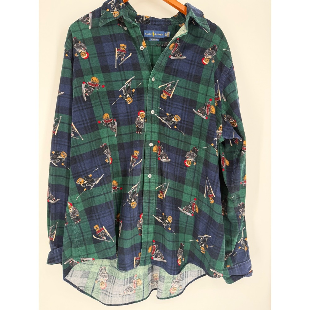 Ralph Lauren Mens Polo Bear Corduroy Shirt XXL Plaid Skiing Preppy Vintage